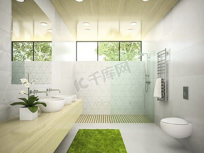 装饰花分割线摄影照片_室内的浴室配有木制天花板 3d 渲染 5