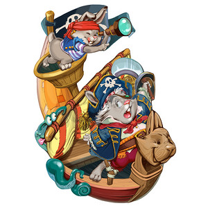 军事弹药摄影照片_Cartoon hares pirates go on a boarding.