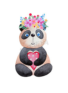 水彩熊猫用鲜花和心.