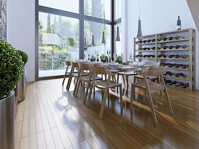 Design of dining room with brown furniture