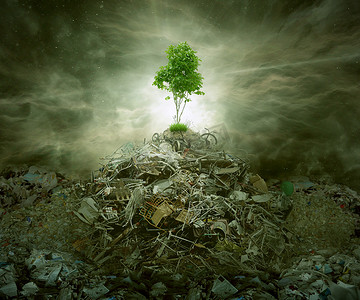 垃圾堆积成山摄影照片_作为顶尖山堆的垃圾上树的绿色概念 
