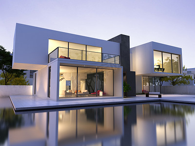 有钱人生活摄影照片_有游泳池的现代住房
