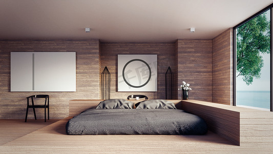 木椅子摄影照片_阁楼和现代卧室-绘制室内 / 3d 渲染室内