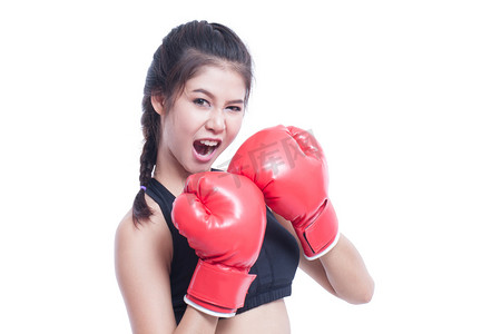 健身房运动卡摄影照片_戴红色拳击手套的健身女人