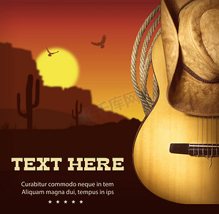 美国乡村音乐海报。吉他与西方背景和