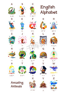幼儿园海报背景摄影照片_English Alphabet series of Amusing Animals. All 26 letters in one poster file
