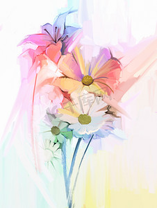 oil摄影照片_Still life of white color flowers with soft pink and purple. Oil Painting Soft colorful Bouquet of daisy, lily and gerbera flower