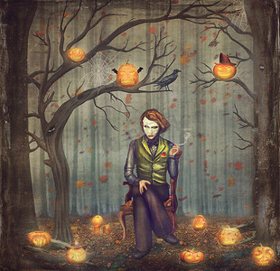 Joker  in a fairytale forest among trees and scary halloween pum