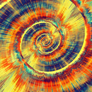 Colorful Psychedelic Spiral. Abstract Bright Vortex. Fractal Background Design. Blue Gold Orange Colors. Digital Art Illustration. Fantasy Pattern Concept. Beautiful Modern Image. Decorative Texture.
