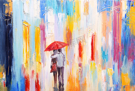 对夫妇走在雨中撑一把伞，抽象多彩油画