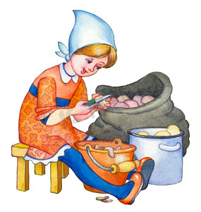 水彩插图。女孩清洗土豆