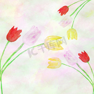 水彩漂亮的红色花摄影照片_ 有水彩插图，红、 黄、 purpple 郁金香花卉图案