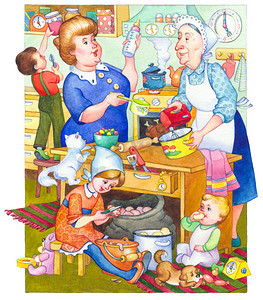 水彩插图。在厨房里做饭的家庭