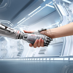 女性人类和机器人的握手