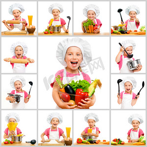 拍黄瓜摄影照片_在厨房里的厨师帽的拼贴女孩