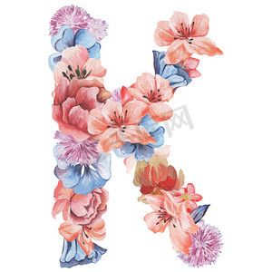 字母 K 的水彩花卉，孤立手绘白色背景，婚礼设计、 英语字母表