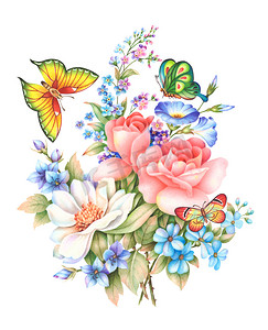 水彩花卉框架摄影照片_花和 Butterfly.Hand 在白色背景上绘制水彩画。高分辨率。包括的剪切路径。贺卡、 邀请和其他印刷项目的说明.