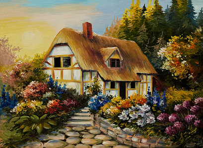 油画的童话房子，艺术作品