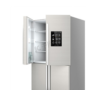 智能冰箱摄影照片_用液晶屏幕打开智能冰箱。物联网的概念.