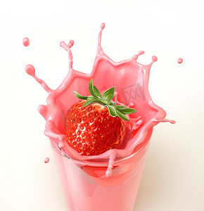 草莓溅入完整的奶昔杯.