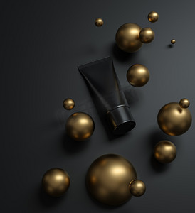 黑色化妆品模型- -奶油管位于金球中间的黑色表面上