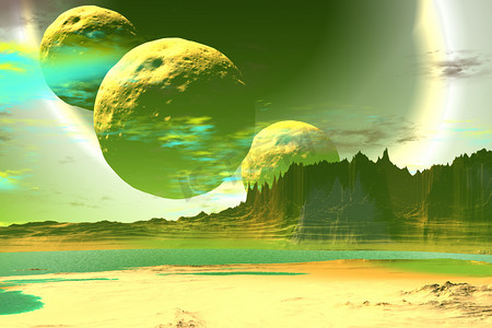 3d 渲染的幻想外星人的星球。岩石和湖 
