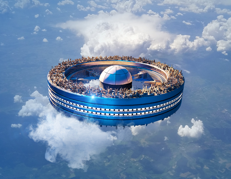 在高空悬挂的车轮结构上的未来天空城市的3d说明,用于