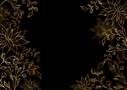 黑色底纹树叶金色线稿植物背景