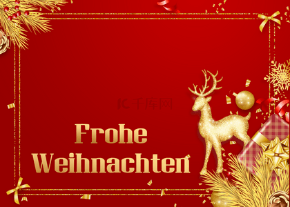 德国圣诞节金色麋鹿红色背景