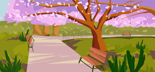 公园卡通春天背景山水卡通绿色背景手绘卡通蓝天白云草地海报背景草地