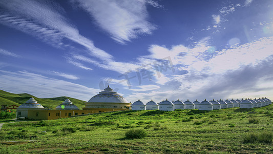 内蒙古摄影照片_内蒙古吉穆斯泰旅游景观下午植被蒙古包夏季素材摄影图配图