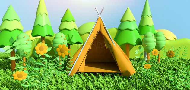 露营草地c4d绿色卡通背景