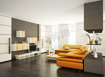 配有橙色沙发和LCD内部3D渲染的现代客厅