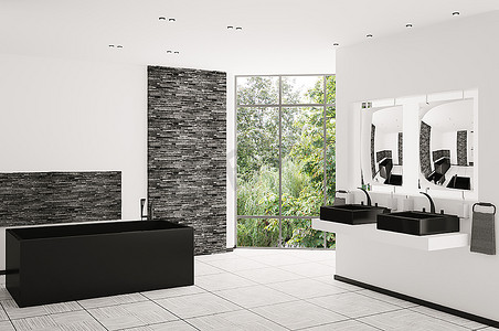 带有黑色浴缸和水槽的现代浴室内部3D渲染