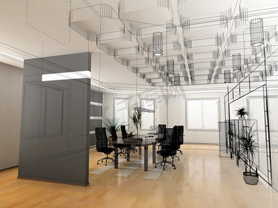现代办公室内设计素描(3D渲染)