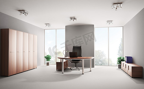 3月摄影照片_配有木制家具的现代办公室内部3D