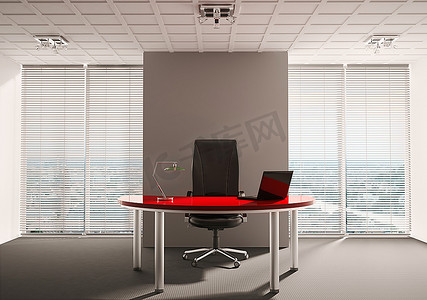 电脑桌子摄影照片_具有红色桌子内部3D渲染的现代办公