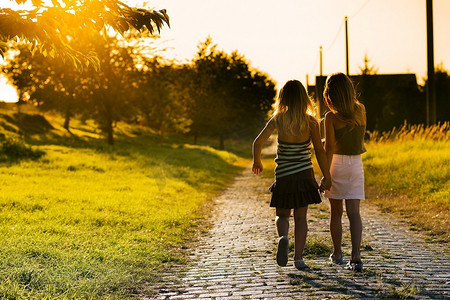两个姐妹的孩子在通往下一个村庄的小路上，在背光环境中的梦幻般的夜晚情绪