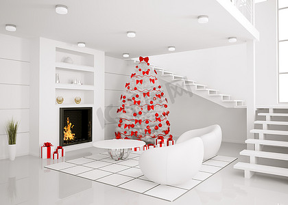 现代白色房间中的圣诞树，室内有壁炉，3D渲染