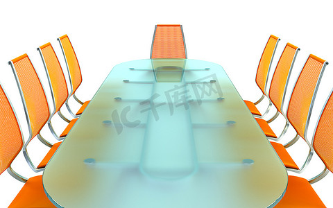 在白色背景上进行3D渲染的桌椅会议室