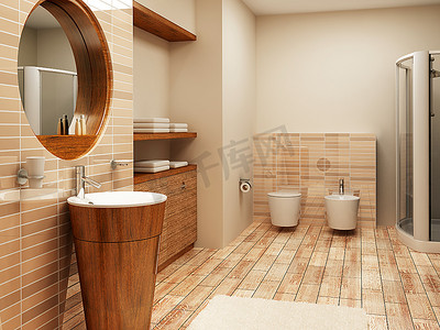 淋浴洗澡摄影照片_现代浴室内部的3D渲染