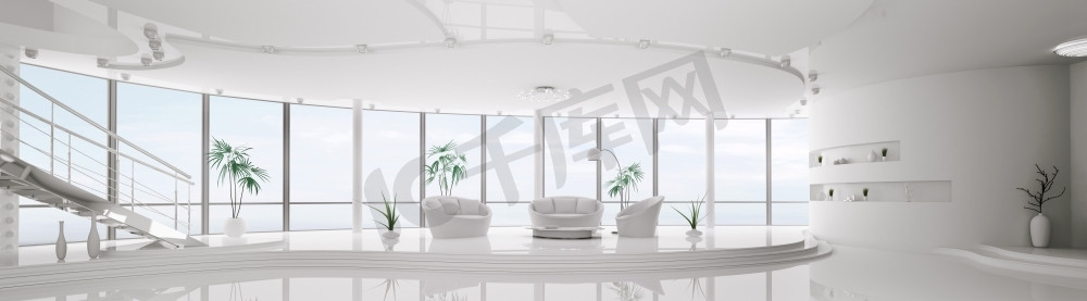 扶手椅摄影照片_楼梯全景3D渲染的现代白色公寓室内设计