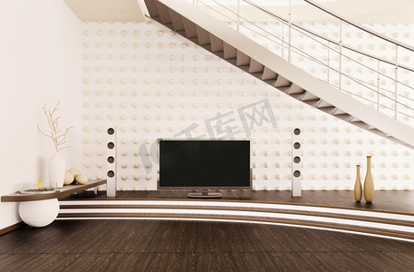 现代客厅内部与家庭影院3d渲染