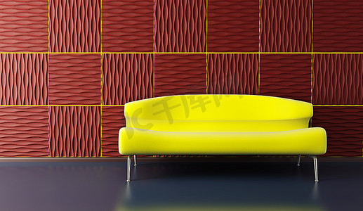 波普艺术3D内饰，黄色沙发和黄色墙壁