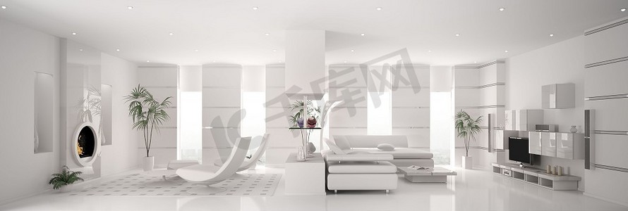 白色c4d破碎地面摄影照片_现代白色公寓内部全景3D渲染