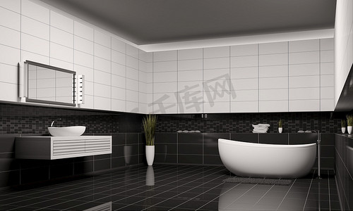 浴室地毯摄影照片_黑白墙浴室室内3D渲染