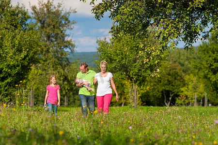 阳光下散步摄影照片_在夏日的阳光下，年轻的家庭带着孩子在绿色的草地上散步