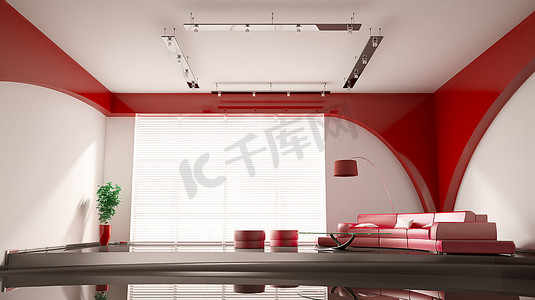 现代室内与红色圆沙发3d渲染