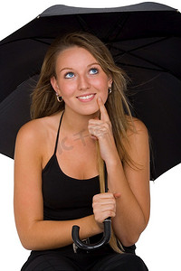 孤立镜头，一位美丽的年轻女子撑着雨伞，想知道是不是很严重；S要下雨了