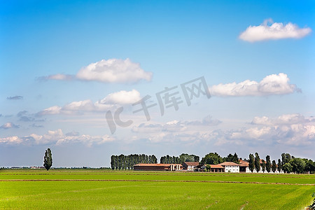 乡村风景：绿色草地，欧洲农场，蓝天白云。皮埃蒙特，意大利北部。